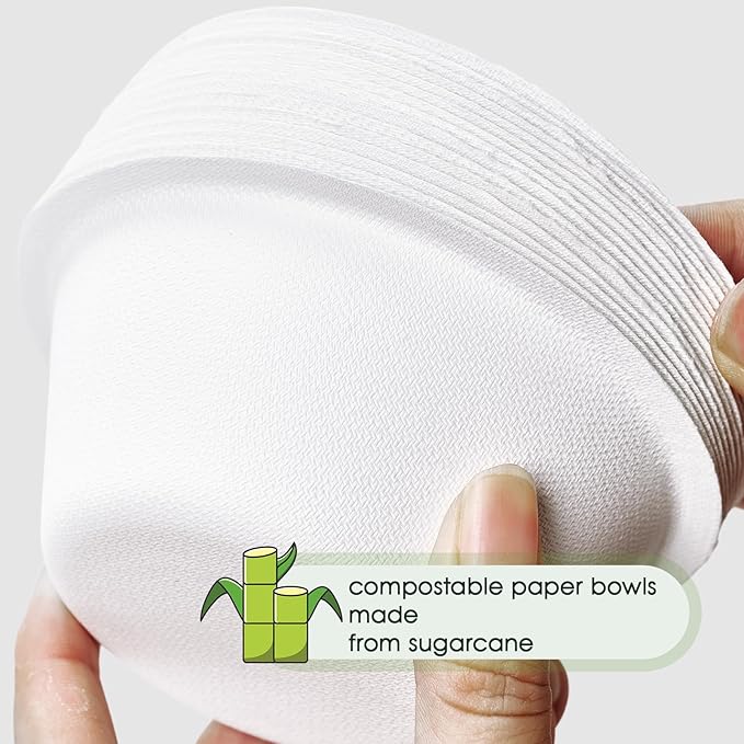 ECOLipak 300 Pack Compostable Paper Bowls, 8 oz Heavy-Duty Disposable Biodegradable Soup Bowls Made of Natural Bagasse, Suitable for Soup, Ice Cream, Salad, Dessert, Milk