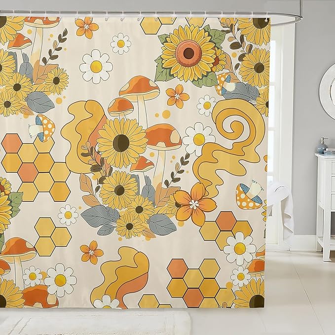 Erosebridal Groovy Flower Girls Shower Curtain for Kids, Yellow Florals White Daisy Bathroom Curtain All-Season, Trendy Honeycomb Printed Bath Curtains, Cute Bathroom Accessories, 72" W x 84" L