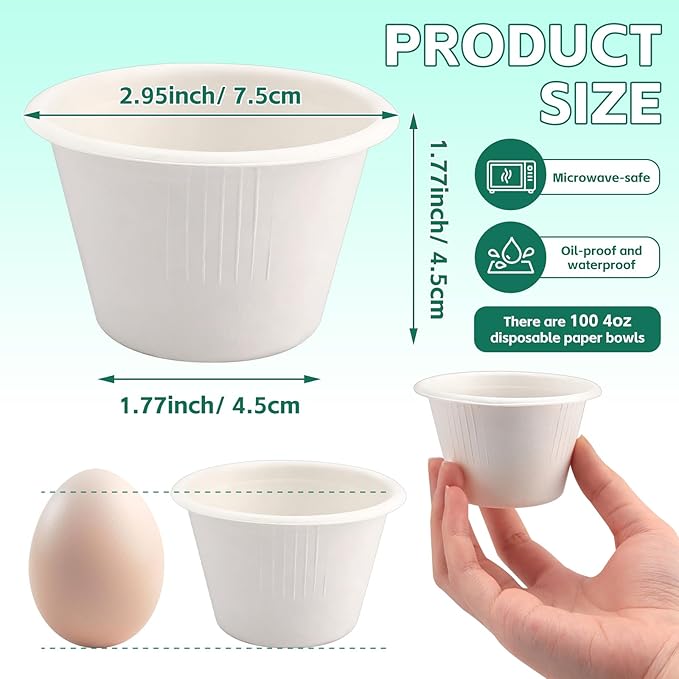 LeonBach 100 Pack Natural Bagasse Fiber Bowls,4oz Small Disposable Paper Bowls Microwavable Safe Sample Snack Cups Charcuterie Serving Cups for Sauce Portion Condiment Ice Cream Desserts, White