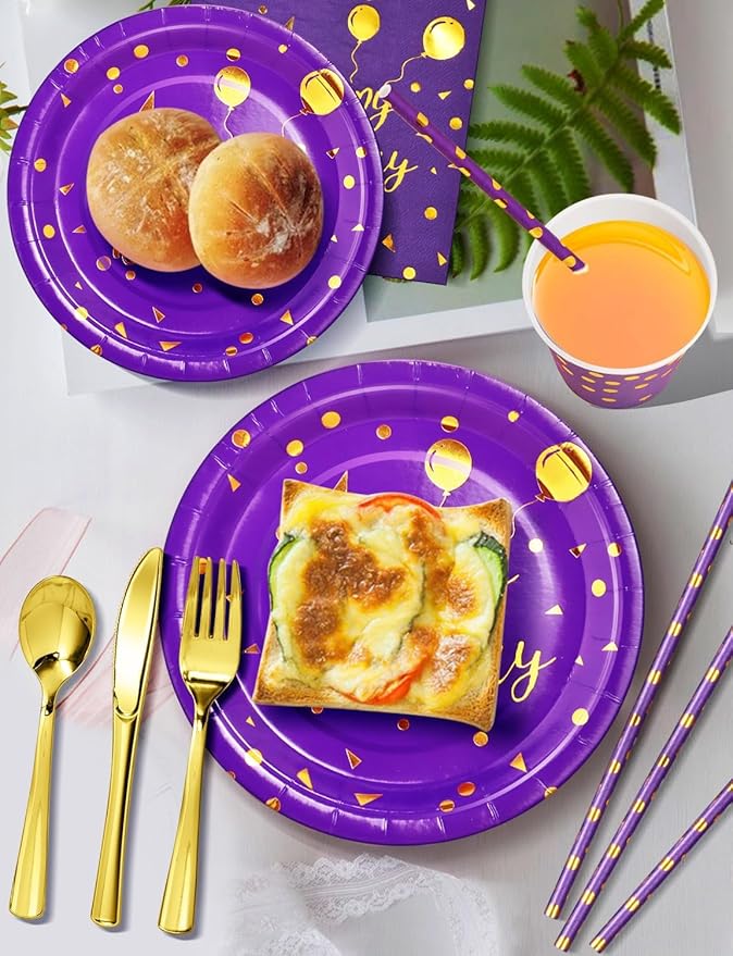 Nkaiso Birthday Party Tableware, 161 Pieces Purple Gold Party Supplies, Dinnerware Sets Include Paper Plates Napkins Cups Silverware, for Shower Engagement Parties Decoration -20 Serves