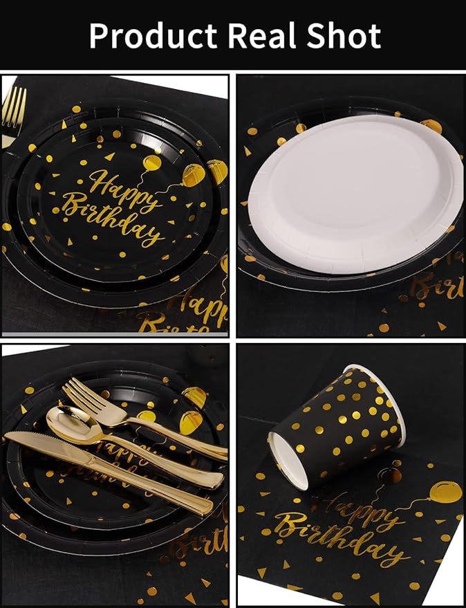 Nkaiso Birthday Party Tableware, 161 Pieces Black Gold Party Supplies, Party Dinnerware Sets Include Paper Plates Napkins Cups Silverware, for Shower Engagement Parties Decoration -20 Serves
