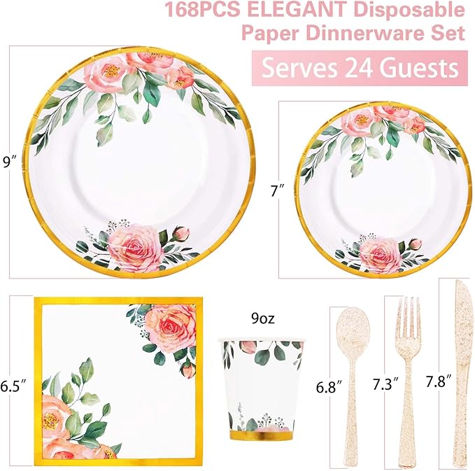 168PCS Floral Plates and Napkins Party Supplies,Vintage Floral Paper Plates Set With Gold Rim Serve 24 Guests,Floral Disposable Plates Tea Party supplies for Adults Bridal Shower Decorations