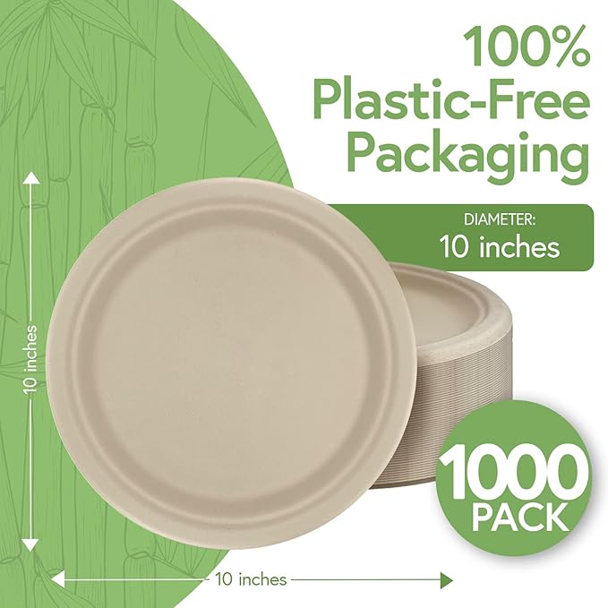 Paper Bamboo Plates Disposable (1000-Pack, 10-inch) | Sturdy & Microwave Safe | Compostable Paper Plates Disposable Heavy Duty | PFAS Free, Biodegradable | FSC Certified Alternative to Plastic