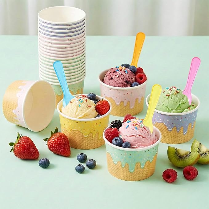 Jingmore 240 Set Paper Ice Cream Cups Bulk with Spoons 8 oz Disposable Sundae Bowls Colorful Paper Dessert Cups Containers for Snack Yogurt Soup Summer Bar Party Supplies