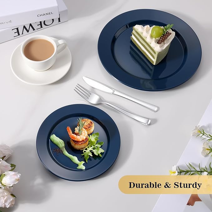 Goodluck 200PCS Navy Blue Plastic Plates, Heavy Duty Disposable Blue Plates with 100 10.25 inch Dinner Plates and 100 7.5 inch Dessert Plates for Party, Holiday, Wedding