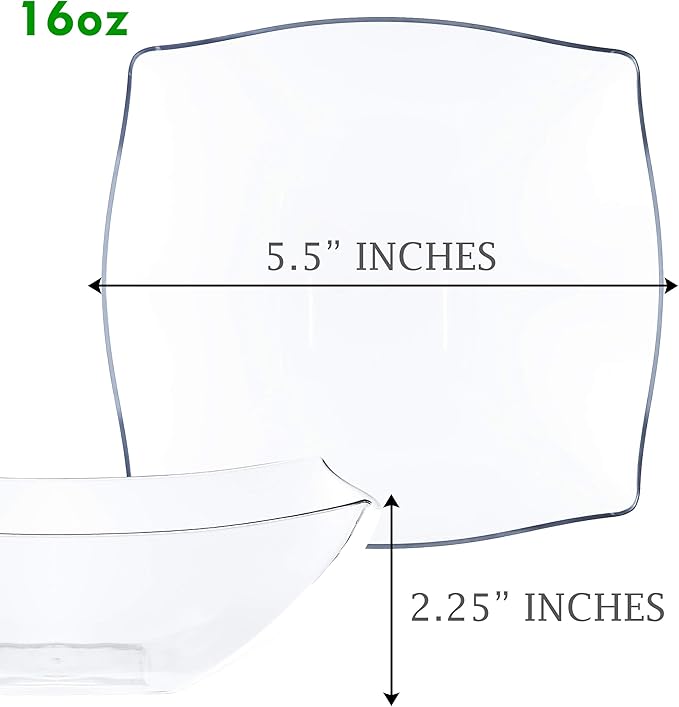 PLASTICPRO Disposable Square Serving Bowls, Party Snack or Salad Bowl, Plastic Clear or White Pack of 4 (16 OUNCE, Clear)