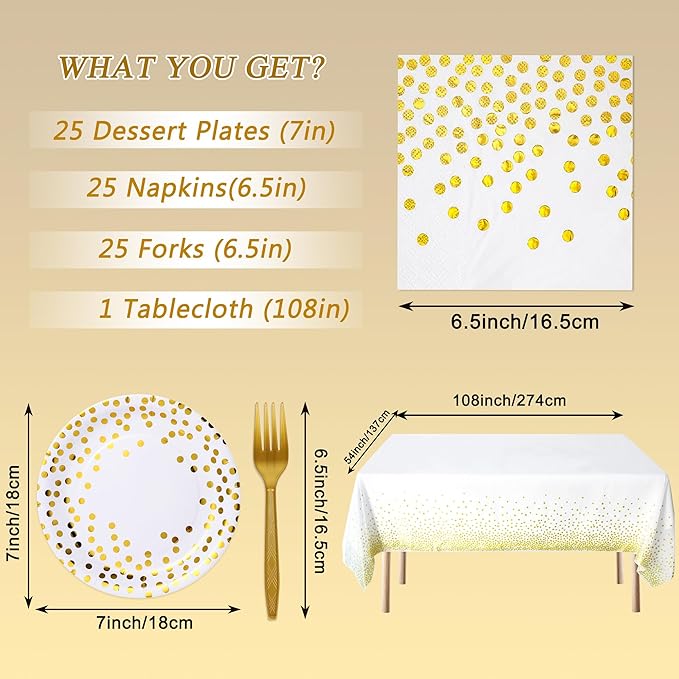 White and Gold Paper Plates and Napkins Tablecloth Party Supplies,Serves 25 Guests White Gold Plates and Napkins Tablecloth,Disposable Tableware Set for Birthday Graduation Retirement Decorations