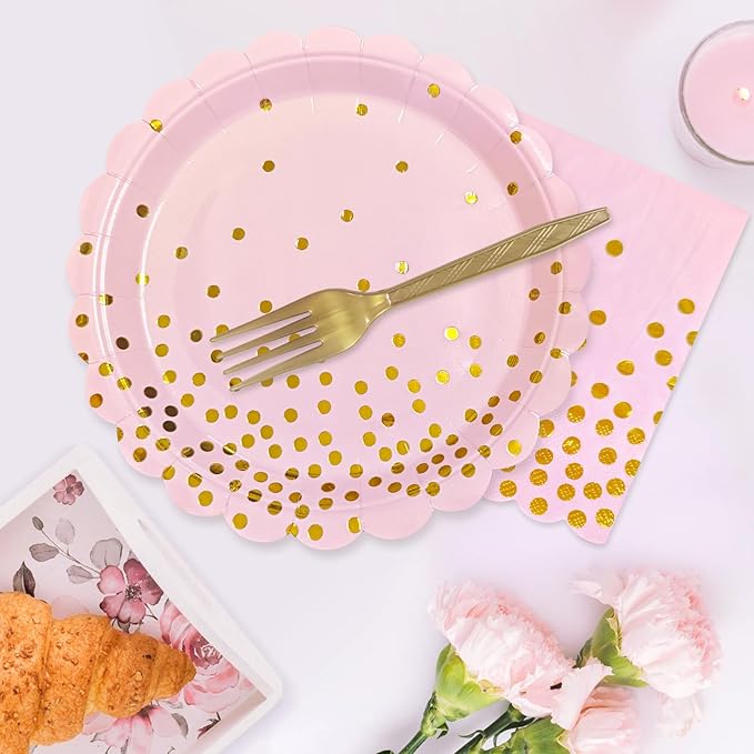 Pink and Gold Paper Plates and Napkins,7 Inch Pink and Gold Scalloped Disposable Dessert Plates Paper Napkin Fork Party Supplies for Wedding Baby Shower Birthday(25 Guest)