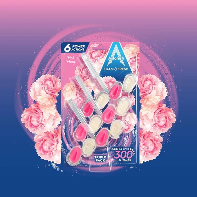 Astonish Foam & Fresh Pink Peony Scented Toilet Blocks - Powerful Odor Control Cleaning Formula Prevents Hard Water Stain Build Up – 2 Blocks, Lasting Freshness For Up to 300 Flushes per Block