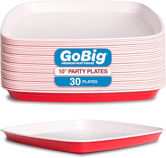 GoBig Red Plastic Disposable Plates - 30 Count 10 Inch - Square Heavy Duty Red Cup Party Plates