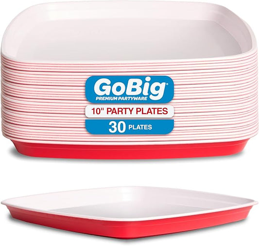 GoBig Red Plastic Disposable Plates - 30 Count 10 Inch - Square Heavy Duty Red Cup Party Plates