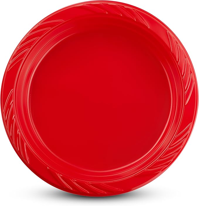 Munfix 100 Red Plastic Plates Set - 9 Inch Disposable Dinner Plates Bulk Pack, for Party, BBQ, Picnic, Parties, Travel and Events, Microwavable Recyclable