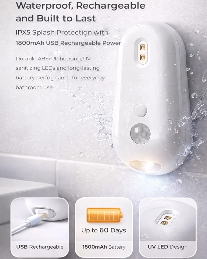 Self Cleaning UV Toilet Sanitizer and Night Light, Motion-Activated, USB Rechargeable, Adhesive-Mounted, 6-Color RGB Mode, IPX5 Waterproof for Shared Bathroom, Elderly & Pet(2pcs)
