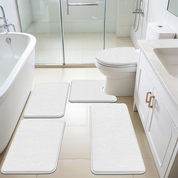 SHACOS White Bathroom Rugs 5 Piece Set - Non Slip Absorbent Washable Bath Mats with U-Shaped Toilet Rug & Lid Cover, Soft Microfiber Bath Rugs for Bathroom