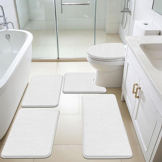 SHACOS White Bathroom Rugs 5 Piece Set - Non Slip Absorbent Washable Bath Mats with U-Shaped Toilet Rug & Lid Cover, Soft Microfiber Bath Rugs for Bathroom