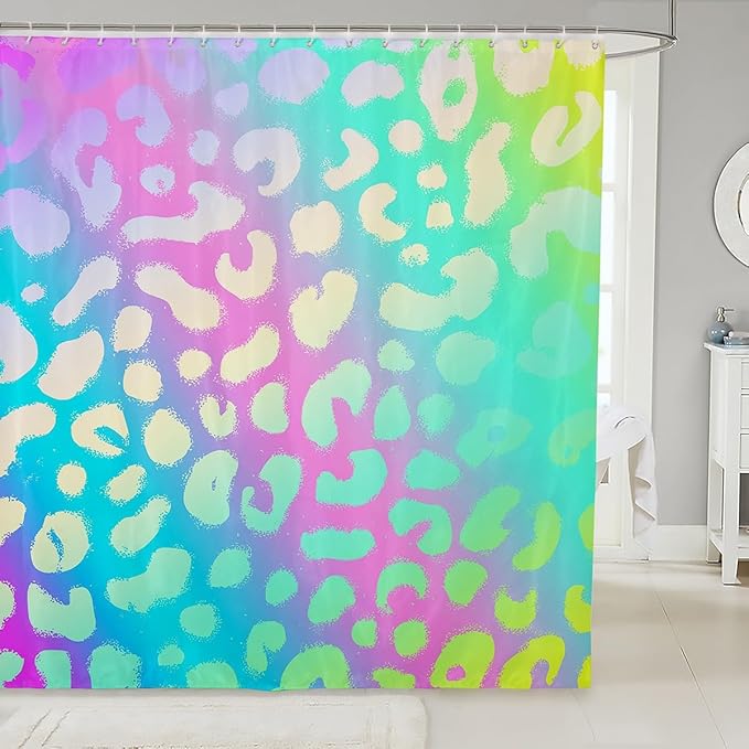 Erosebridal Cheetah Print Shower Curtain 72" Wx78 L,Glitter Kawaii Bath Curtain Pastel Pink Teal Gradient Tie Dye Shower Curtain Set Rainbow Animal Hide Kids Girls Glowing Leopard Spot Bathroom Decor