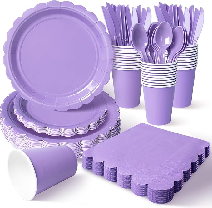 Vyntra 350 Pcs Lavender Purple Disposable Paper Plates and Napkins Set for 50, 9" Dinner Plates & 7" Dessert Plates, Tableware for Birthday, Party