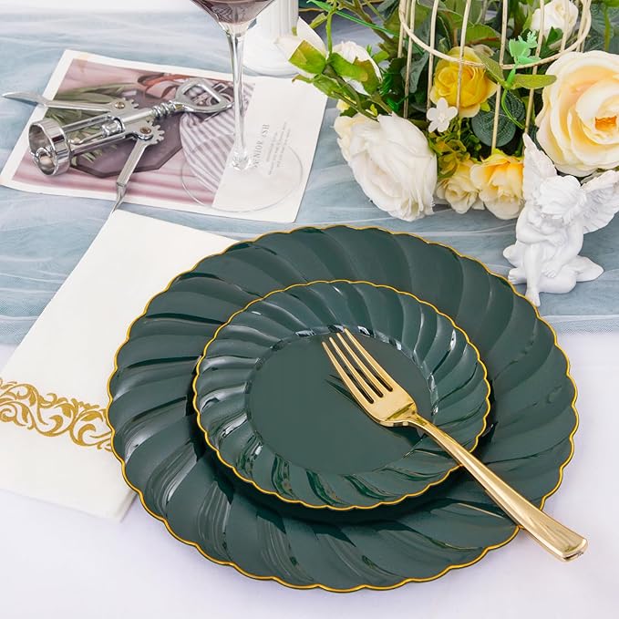 YOUBET 150PCS Emerald Green Plastic Plates - Green and Gold Disposable Dinnerware Include 50 Plates, 25 Knives, 25 Forks, 25 Spoons, 25 Napkins Ideal for Party & Wedding