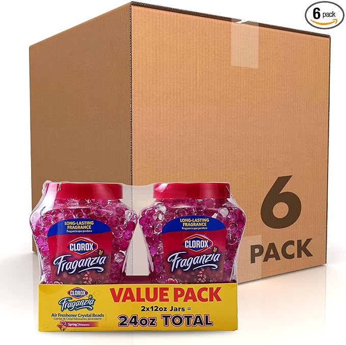 Clorox Fraganzia Crystal Beads Air Freshener Twin Pack, Long Lasting Room Deodorizer and Odor Eliminator Gel Beads for Home, Car, or Office, Spring Scent, 24 Fl Oz - 6 Pack