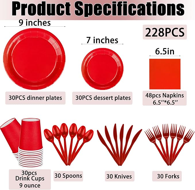 228PCS Red Party Supplies Set Include Paper Plates Cups Red Napkins Plastic Spoons Forks Knives for 30 Guests Disposable Party Dinnerware for Birthday Wedding Family Picnic