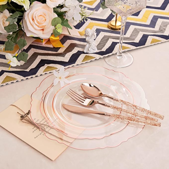 Liacere 150PCS Rose Gold Plastic Plates - Clear Rose Gold Disposable Plates with Glitter Bamboo Handle Cutlery - 60 Baroque Elegant Plates, 30 Forks, 30 Spoons, 30 Knives for Wedding ＆ Party