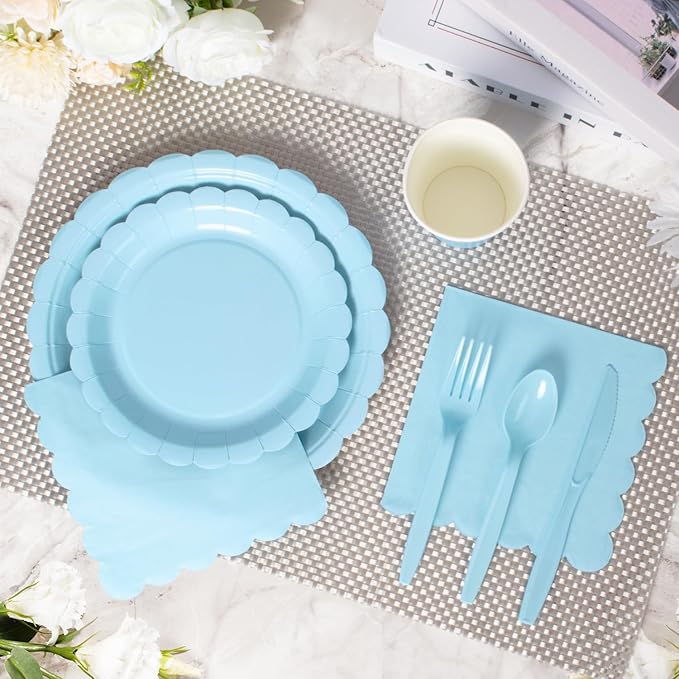 Vyntra 175 Pcs Light Blue Disposable Paper Plates and Napkins Set for 25, 9" Dinner Plates & 7" Dessert Plates, Tableware for Baby Shower, Birthday, Picnic, Party