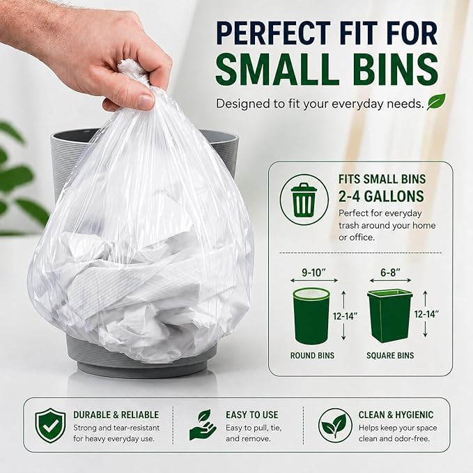 2.6 Gallon Clear Bathroom Trash Bags (240 Bags) 2 Gallon Small Garbage Bags 10 Liter Plastic Wastebasket Trash Can Liners for Home and Office Bins, 240 count