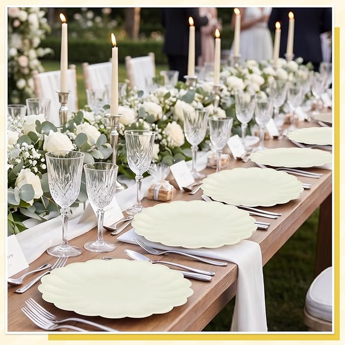 NatNarr 30 Pcs Ivory Scalloped Paper Plates 7.5 In Shell Edge Dinner Paper Plates Disposable Cream Scalloped Plate for Wedding Baby Shower Birthday Party