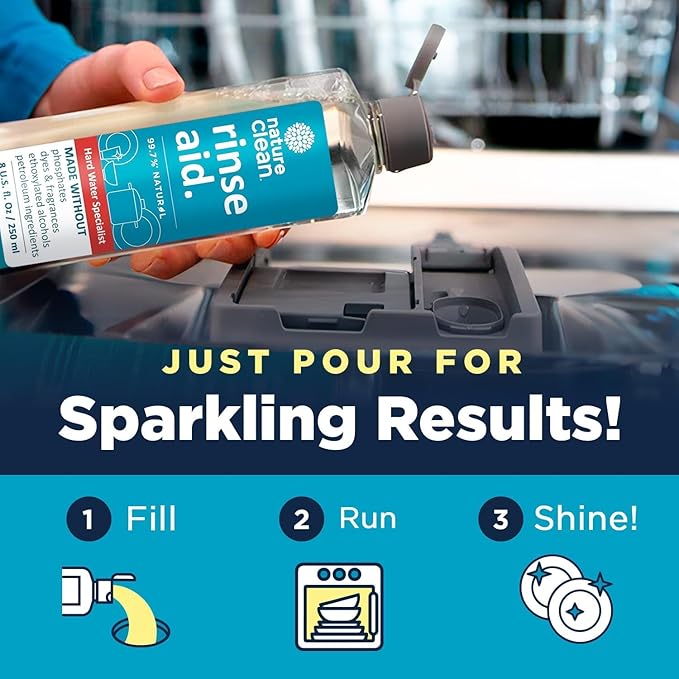 Nature Clean Dishwasher Rinse Aid Liquid, Non Toxic Natural Formula, Spot Free Shine for Glasses & Dishes, Hard Water Stain Remover, Dishwasher Drying Agent, 8 oz/250 ml Pack of 2