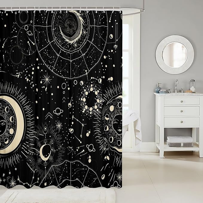 Sun and Moon Bath Curtain Boho Exotic Shower Curtain Galaxy Astrology Bathroom Shower Curtain Set for Stalls Bathtubs Bedroom Decor Chic Cute Luxury Zodiac Signs Waterproof Curtains 72x84 Inch