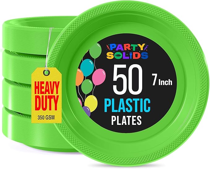 Exquisite Party Solids Lime Green Plastic Plates For Party Supplies 7" Lime Green Disposable Plates Heavy Duty 50 Pcs Plastic Dinnerware Sets Heavy Duty 350 GSM Disposable Dinnerware Set