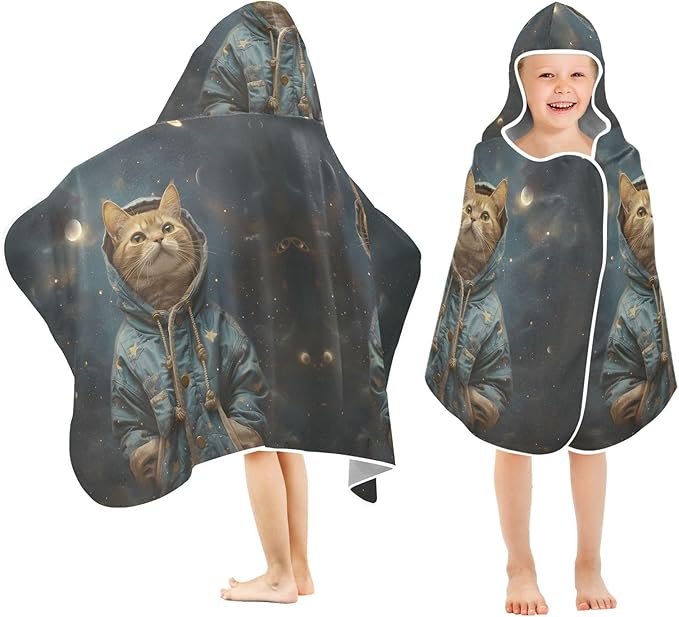 Hooded Towel for Kids Cat Standing in Space Beach Wrap Bath Towels 50x23.5in