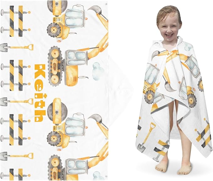 Hooded Bath Towels for Kids, Construction Bulldozer Excavator Personalized Towel for Swimming Robe | Bathing | Beach | Birthday Gifts