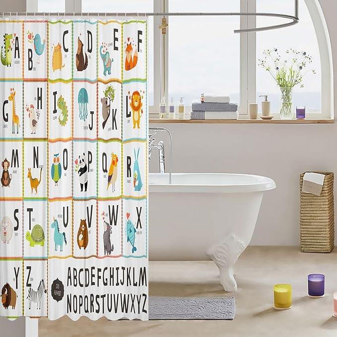 Kids Animal Shower Curtain Children Toddler Alphabet Shower Curtains with Hooks Cute Cartoon Wild Animals Bath Curtain Vibrant Room Decor Educational Waterproof Cloth Fabric Bathroom Decor 72x78 Inch