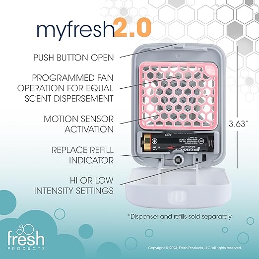 Fresh Products myfresh 2.0 Personal Air Freshener with Dry Fragrance Technology for Small Spaces Compact Design Motion Sensor Battery Included Seaside Breeze 6 pk