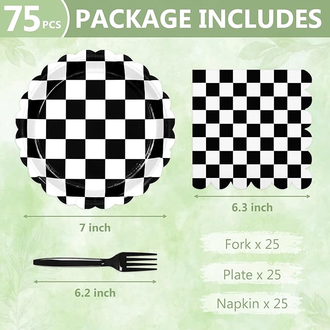 Mulbozy 75 Black Checkered Plates and Napkins Disposable Set Includes 25 Dessert Cake Scalloped Plates, Cocktail Napkins & Forks, for Fork 25 Guests Holiday Party Supplies.