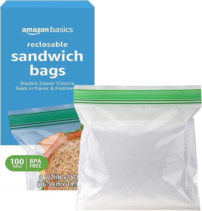 Amazon Basics Reclosable Double Zipper Sandwich Storage Bags for Food Storage, BPA Free, 100 Count (Pack of 2)