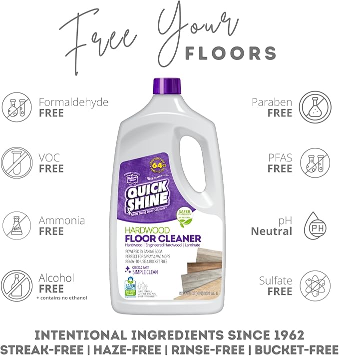 Quick Shine Hardwood Floor Cleaner 64oz | Use in Spray & Vac Mops | Removes Dirt & Scuff Marks | Ready-to-Use, Streak Free, No Rinse | Safer Choice Cleaner |Perfect for Gentle and Effective Cleaning