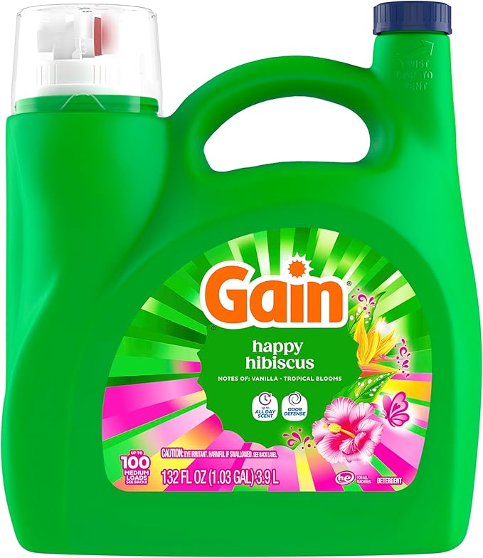 Gain Liquid Laundry Detergent, With Odor Defense, Happy Hibiscus Scent, Laundry Soap For HE Washing Machines, 132 fl oz, 100 Loads (Packaging May Vary)