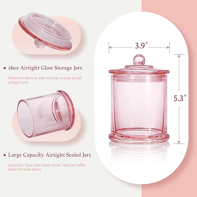 Ronasip Qtip Holder & Cotton Pad Dispenser, Bathroom Organizer and Storage Canisters, 16oz Glass Apothecary Jars for Kitchen, Restroom - Home Decor Accessories, Room Decor Aesthetic (2 Pack, Pink)