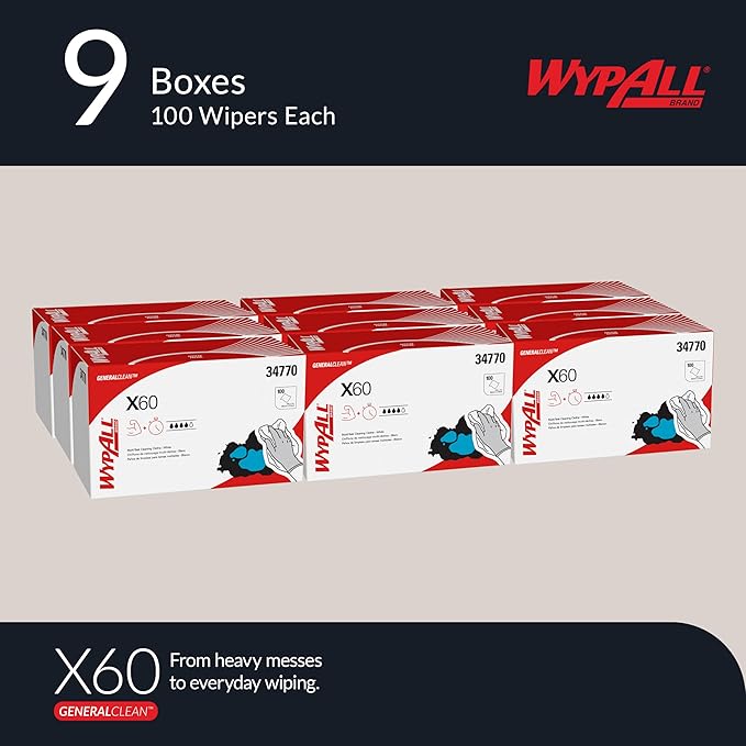 WypAll GeneralClean X60 Cloths Multi-Task Cleaning Wipes (34770), Quarterfold, Strong and Absorbent Towels, White (9 Boxes of 100 Sheets, 900 Sheet Total)