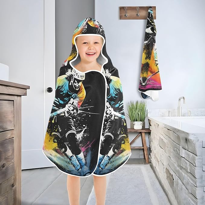 Hooded Towel for Kids Abstract Running Ice Hockey Player Beach Wrap Bath Towels 50x23.5in