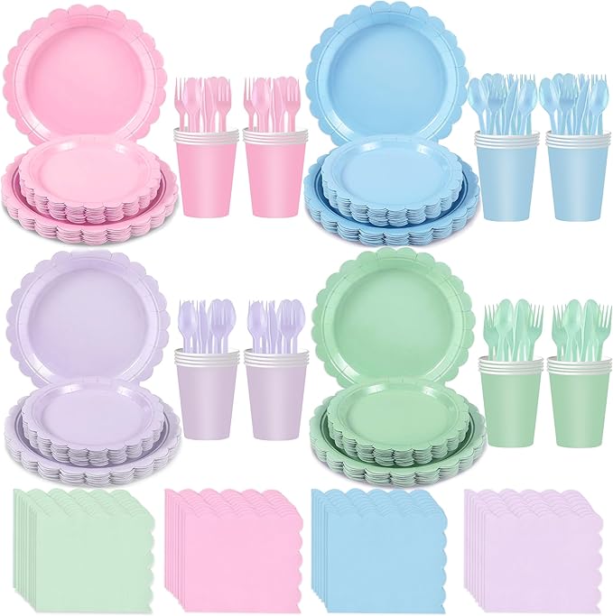 175 Pcs Pastel Plates and Napkins Party Supplies,Disposable Dinnerware Set for 25 Guests, Paper Plates Napkins Cups and Plastic Knives Forks Spoons for Birthday Wedding Party Decorations