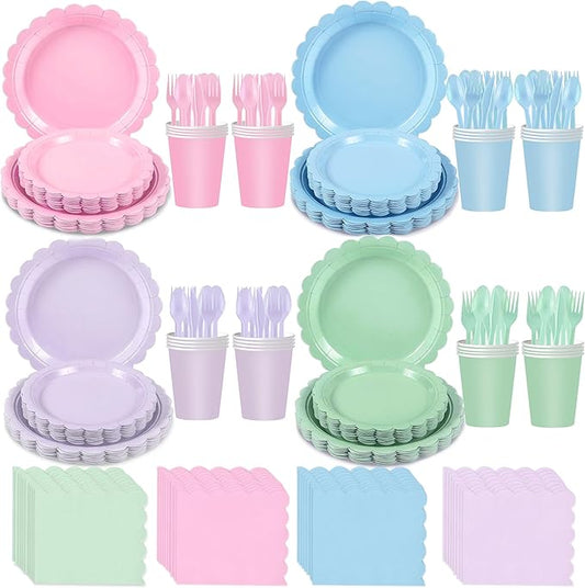 175 Pcs Pastel Plates and Napkins Party Supplies,Disposable Dinnerware Set for 25 Guests, Paper Plates Napkins Cups and Plastic Knives Forks Spoons for Birthday Wedding Party Decorations