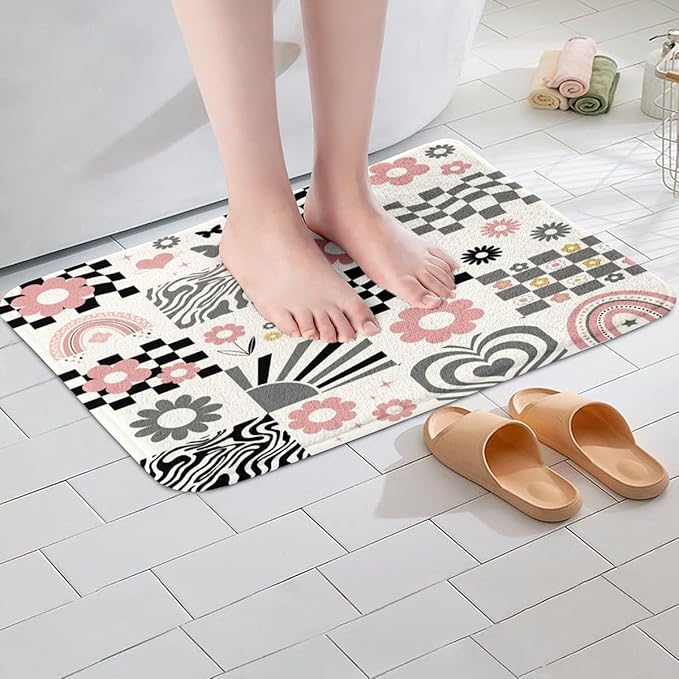 Daisy Flowers Kids Bath Mats,Geometric Plaid Checkered Checkerboard Mats Rugs for Girls,Star Rainbow Stripe Grid Bath Carpets,Black White Chic Bath Rugs,Absorbent Floor Mats,20Wx32L Inches