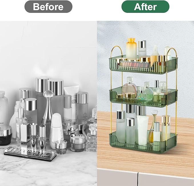 Bathroom Counter Organizer Skincare Organizer Perfume Holder for Dresser Countertop Shelf Bathroom Countertop Tray for Cosmetic Skin Care Lipstick (Gold 3-Storey)