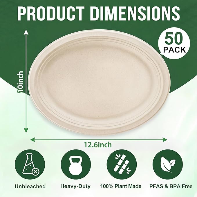 Tinybee 100% Compostable Oval Paper Plates 12 Inch [50-Pack] Heavy-Duty, Eco-Friendly, Biodegradable Bagasse Platters, Natural Unbleached Brown Disposable Plates for BBQ/Picnic/Party (BPI-Certified)