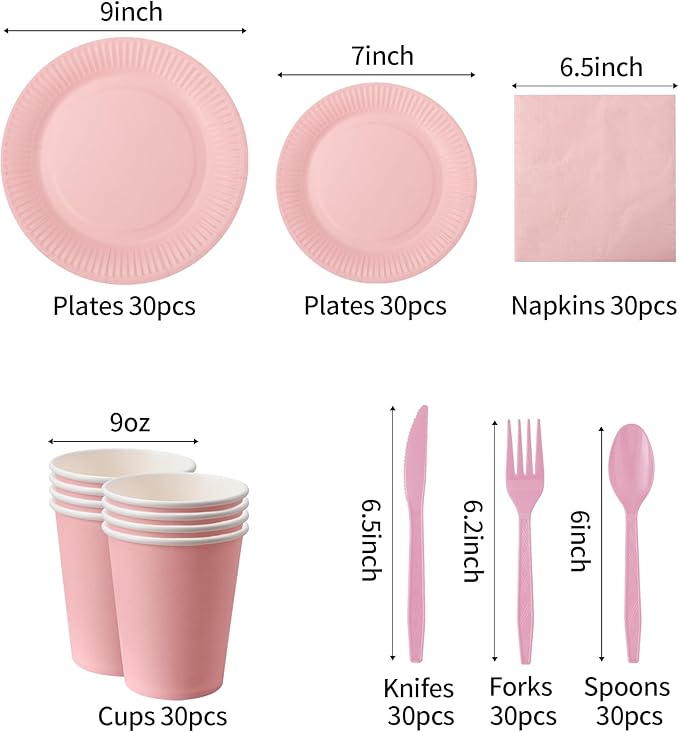 210pcs Pink Plates And Cups Disposable Tableware Party Supplies -Plastic Silverware, Paper Cups And Plates Serves 30 (Pink)
