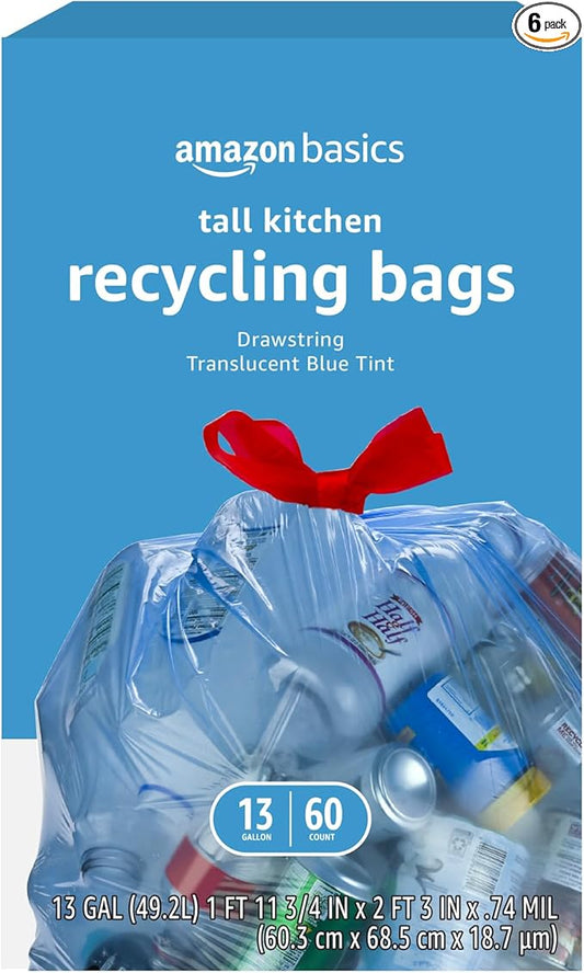 Amazon Basics Blue Recycling Drawstring Trash Bags, Tall Kitchen, Unscented, 13 Gallon, 60 Count (Pack of 6)