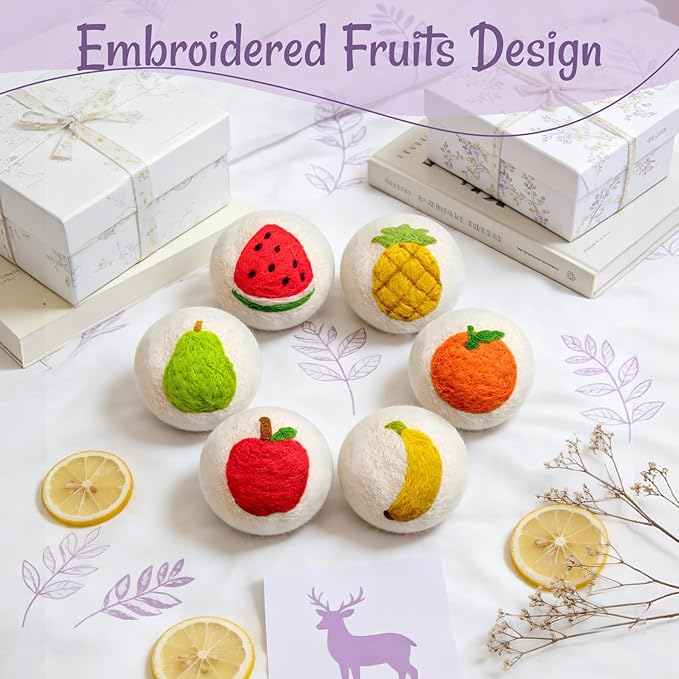Wool Dryer Balls XL 6 Pack, Reusable Laundry Dryer Balls with Cute Fruit Design, Reduce Drying Time, Soften Clothes, Anti Static, Eco Friendly Dryer Sheets Alternative